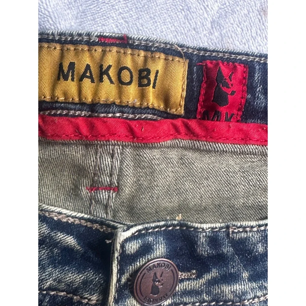 Makobi Jeans Mens 46x34 Blue Acid Wash Distressed Side Stripe Moto Streetwear